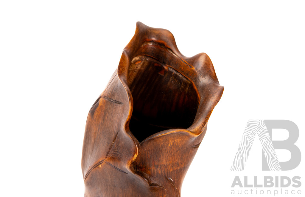 Antique Japanese Boxwood Carved Vase with Crab and Flower