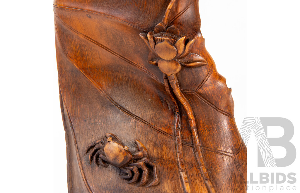 Antique Japanese Boxwood Carved Vase with Crab and Flower