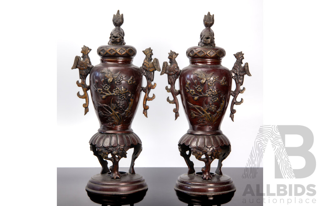 Pair of 19th Century Japanese Bronze Lidded Vases, Meiji Period
