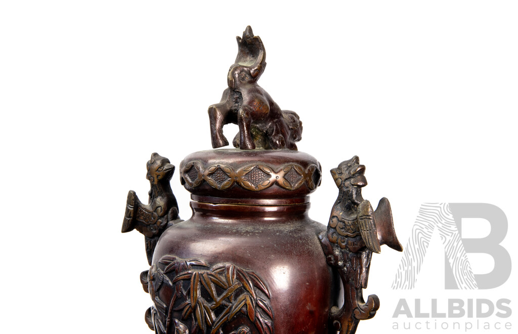 Pair of 19th Century Japanese Bronze Lidded Vases, Meiji Period