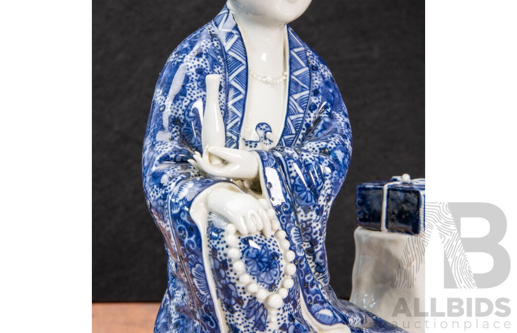 Glazed Blue and White Porcelain Guan Yin Figure, Royal Ease Pose