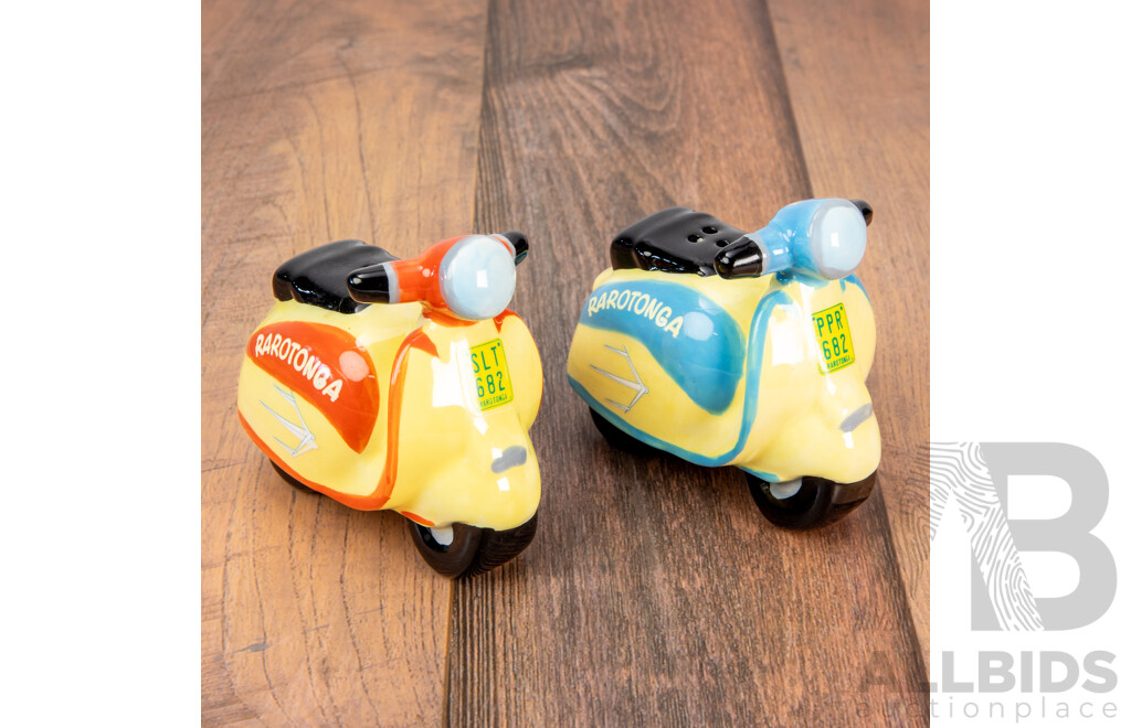 Vintage Rarotonga (Cook Islands) Porcelain Scooter Form Salt and Pepper Shakers 