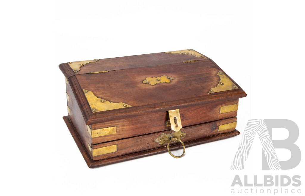 Indian Timber Writing Box with Brass Fittings and Drawer