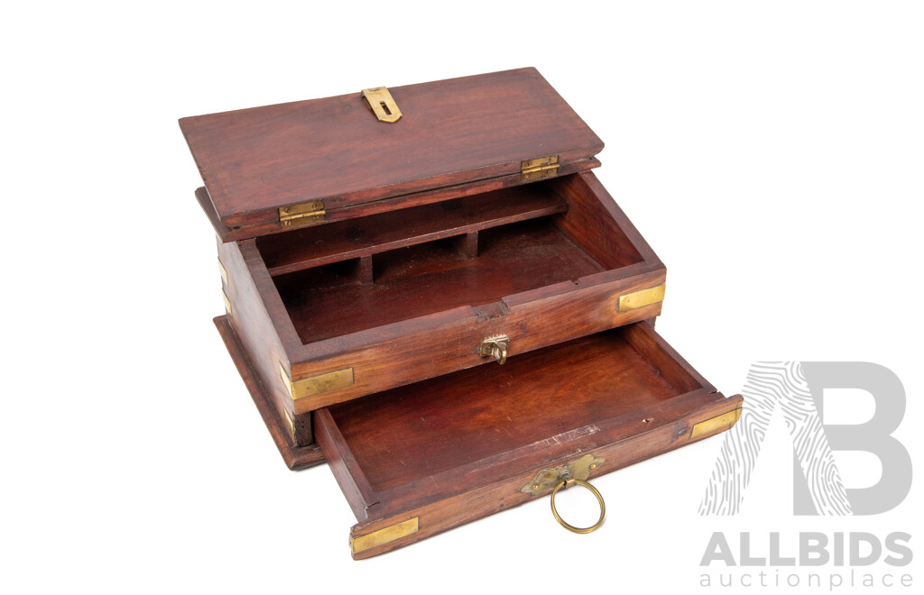 Indian Timber Writing Box with Brass Fittings and Drawer