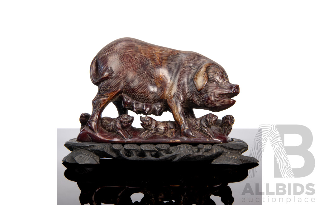 Hardstone Carving of Sow with Piglets on Ebonised Wood Stand
