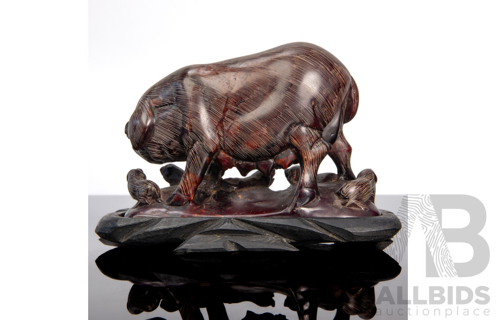 Hardstone Carving of Sow with Piglets on Ebonised Wood Stand
