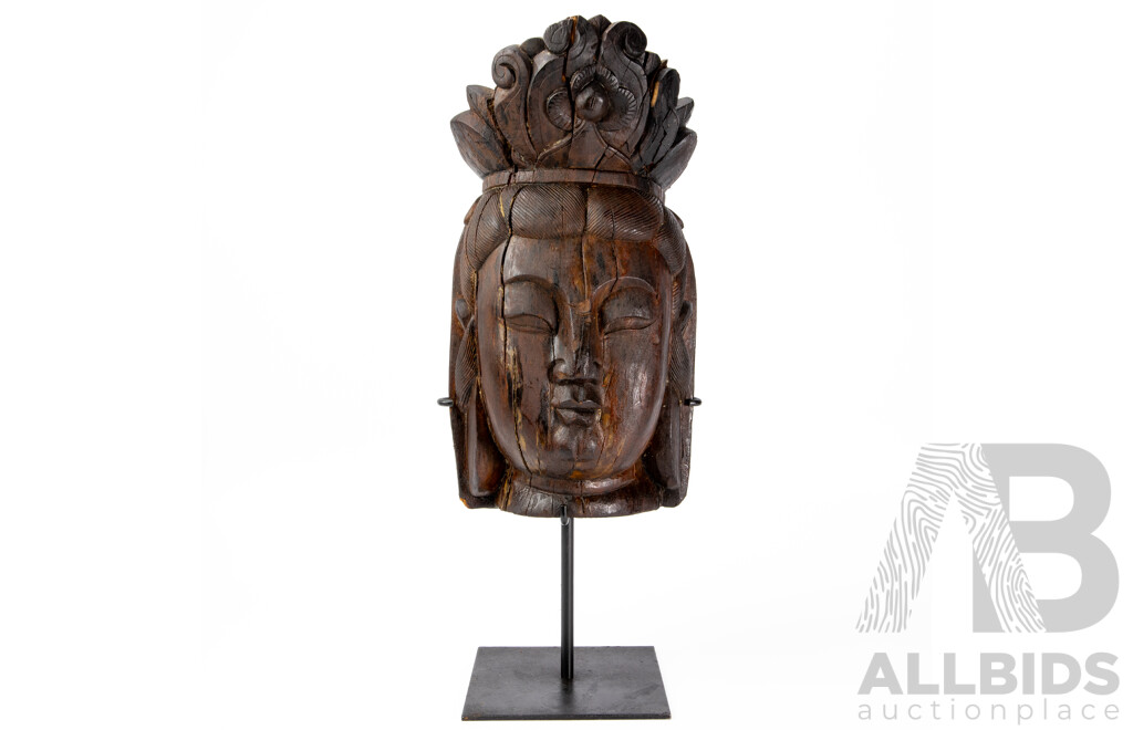 Antique Carved Wooden Guan Yin Head on Metal Stand