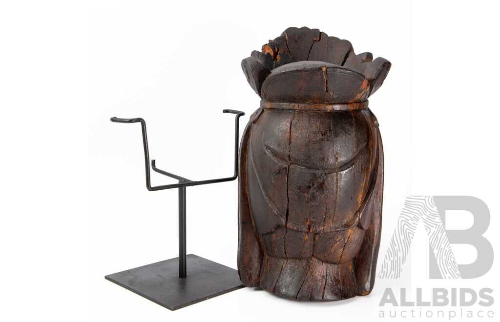 Antique Carved Wooden Guan Yin Head on Metal Stand