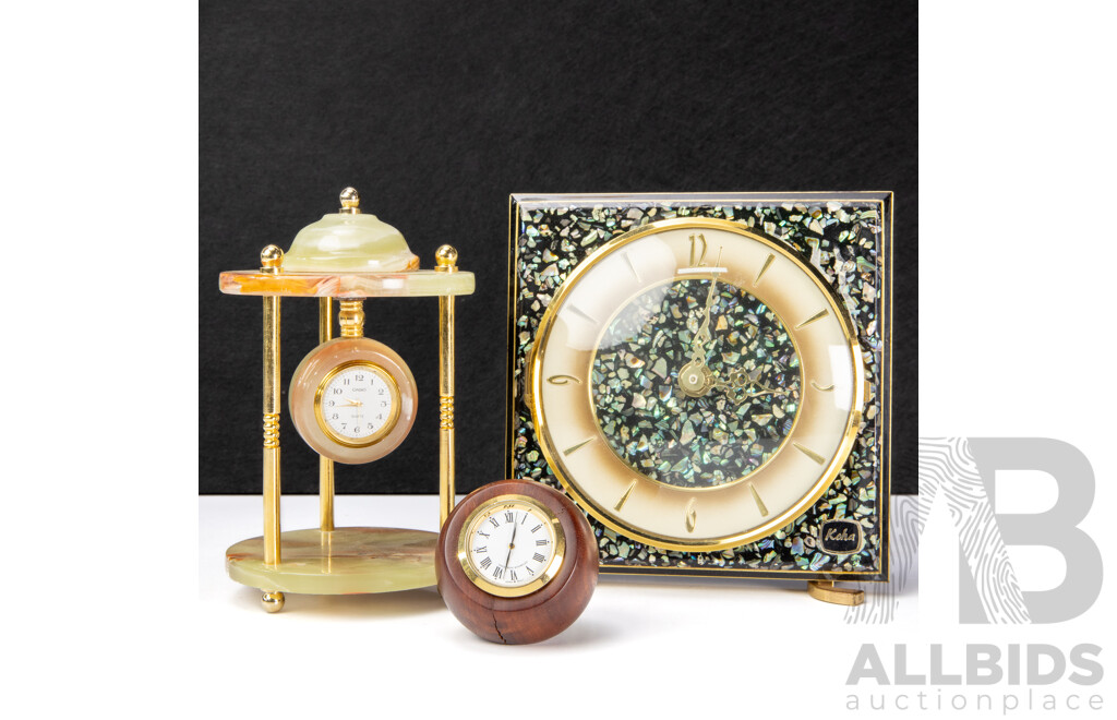 Three Decorative Desk Clocks Including Koha Brass & Pau Shell and Marble Onyx Pillar Clock