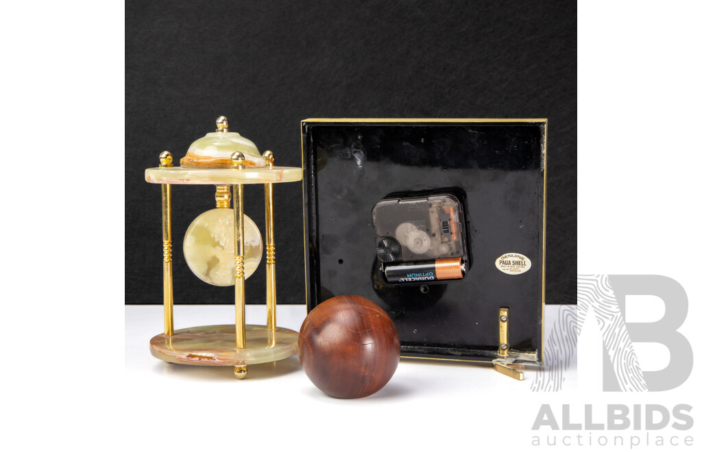 Three Decorative Desk Clocks Including Koha Brass & Pau Shell and Marble Onyx Pillar Clock