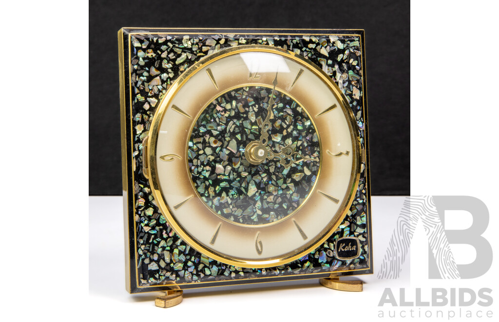 Three Decorative Desk Clocks Including Koha Brass & Pau Shell and Marble Onyx Pillar Clock