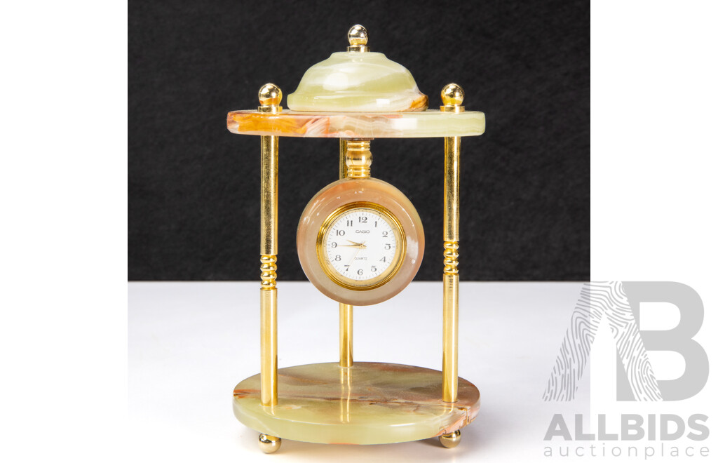 Three Decorative Desk Clocks Including Koha Brass & Pau Shell and Marble Onyx Pillar Clock