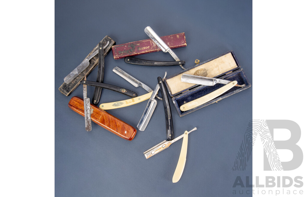 Collection of Seven Vintage Straight Razors, Including Boxed Examples
