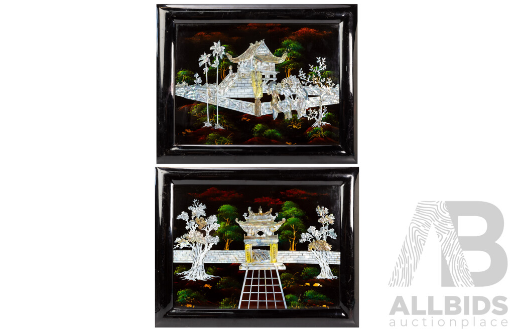 Pair of Vintage Asian Artworks with Mother-of-Pearl Inlay