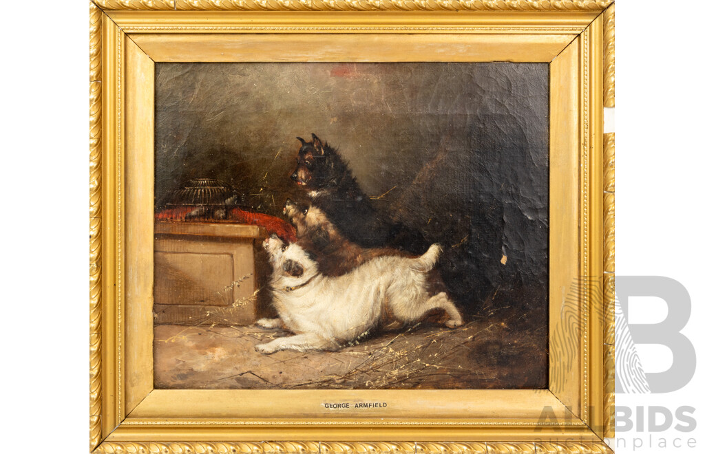 George Armfield (British, 1808?1893), 'Terriers Ratting (Three Dogs with Rat Cage)', Oil on Canvas