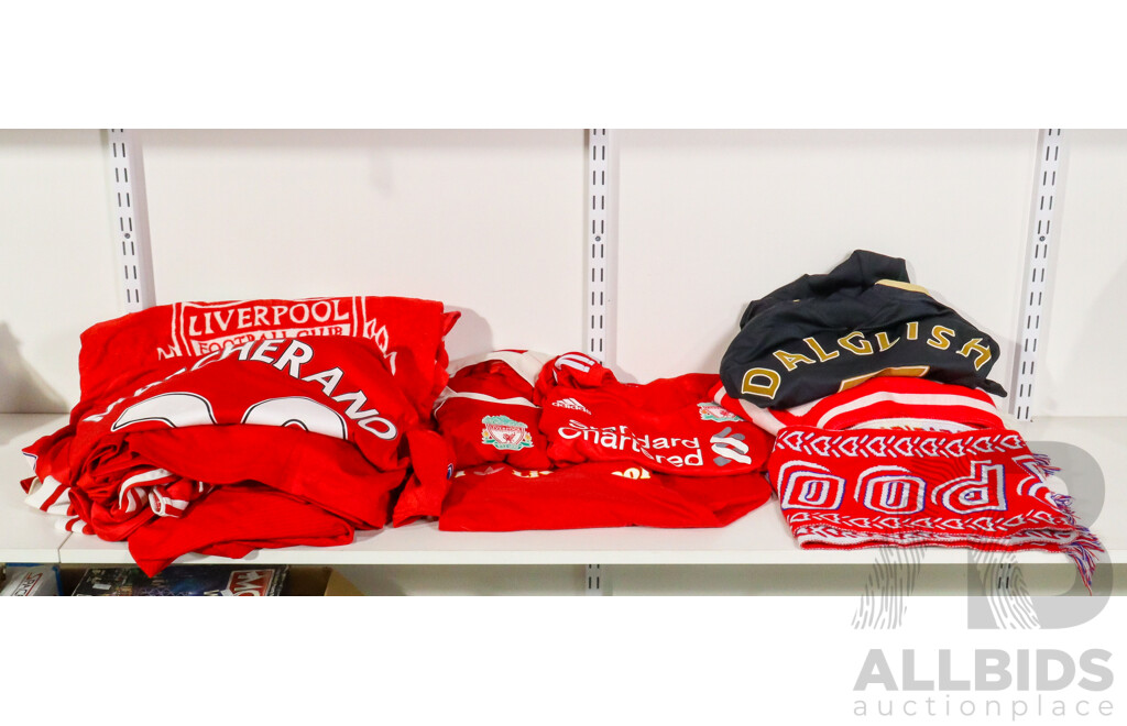 Collection of Official Liverpool Football Club Supporter Gear Including Jerseys, Scarves and Towels