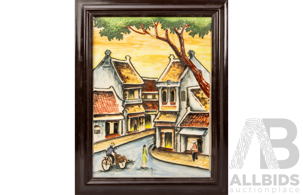 Japan Tilso Vintage Hand-Painted Ceramic Tile with Raised Scene