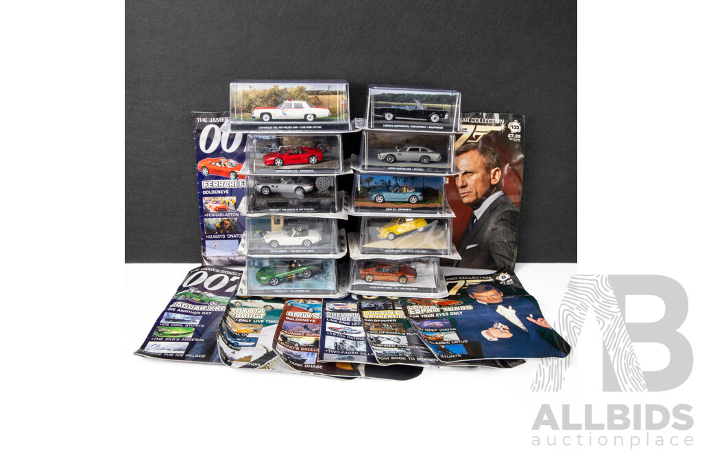Collection of 10 James Bond Model Cars with Magazines and Magazine Holder