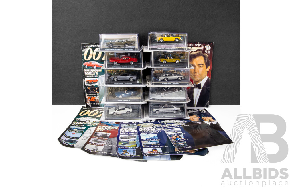 Collection of 10 James Bond Model Cars with Magazines