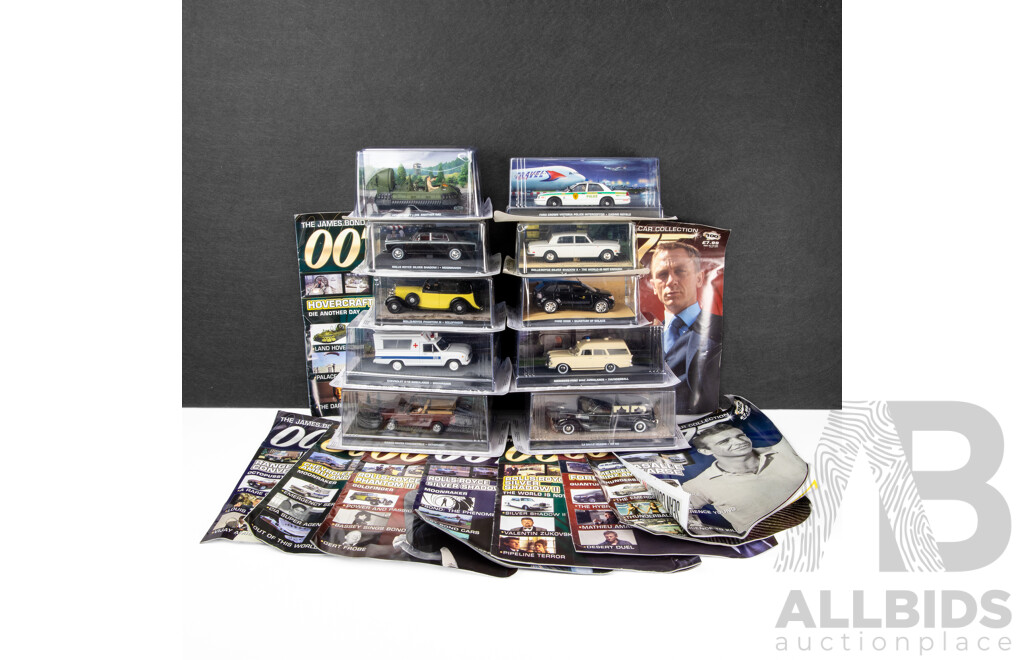 Collection of 10 James Bond Model Cars with Magazines