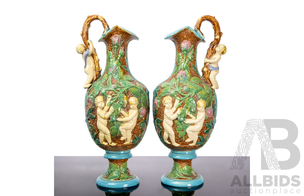 Rare Pair of Large William Brownfield Victorian Majolica Ewers, C.1880
