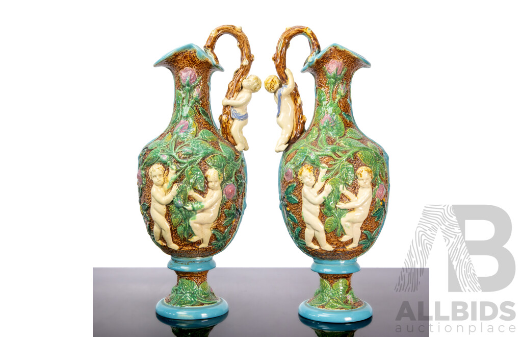 Rare Pair of Large William Brownfield Victorian Majolica Ewers, C.1880