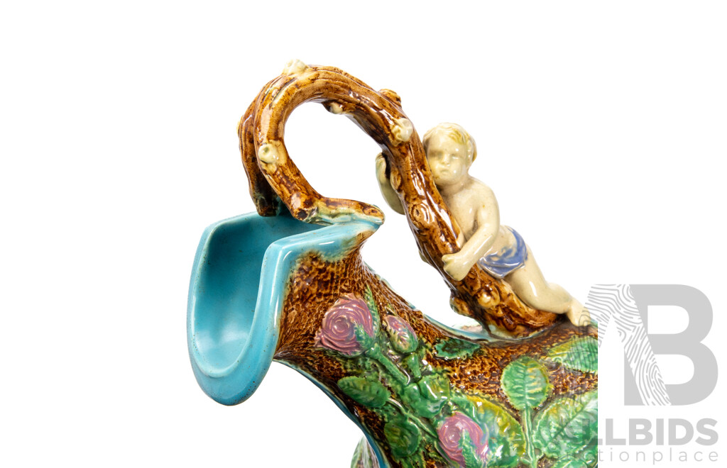 Rare Pair of Large William Brownfield Victorian Majolica Ewers, C.1880