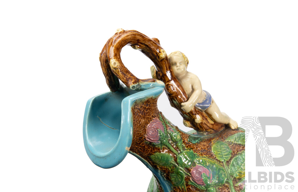 Rare Pair of Large William Brownfield Victorian Majolica Ewers, C.1880