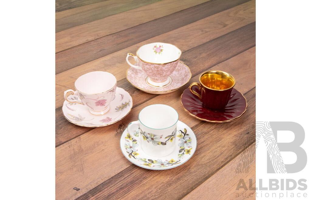 Four Vintage Cup and Saucer Sets Tuscan Shelley Wade and Royal Doulton