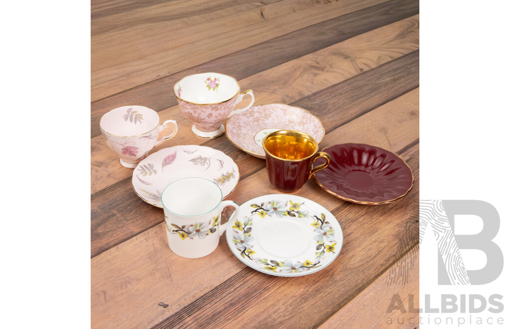 Four Vintage Cup and Saucer Sets Tuscan Shelley Wade and Royal Doulton