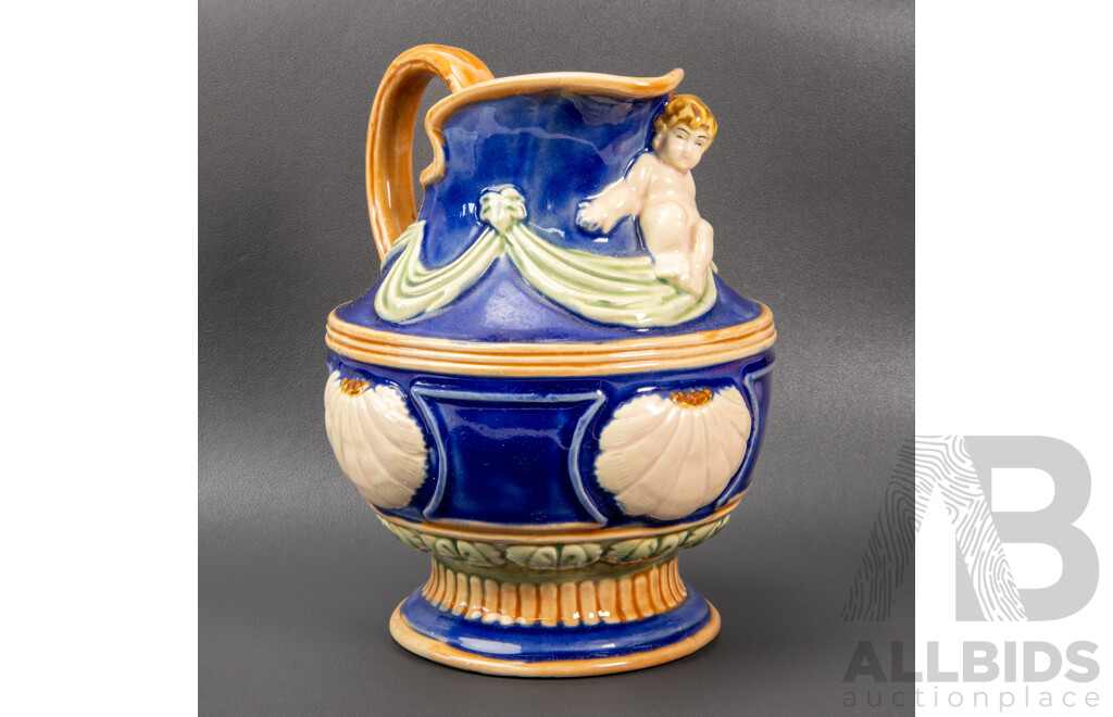 Vintage Majolica Cobalt Cherub Pitcher