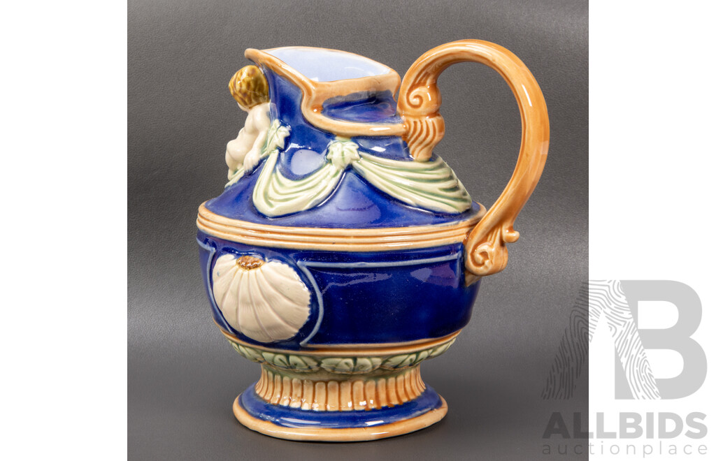 Vintage Majolica Cobalt Cherub Pitcher