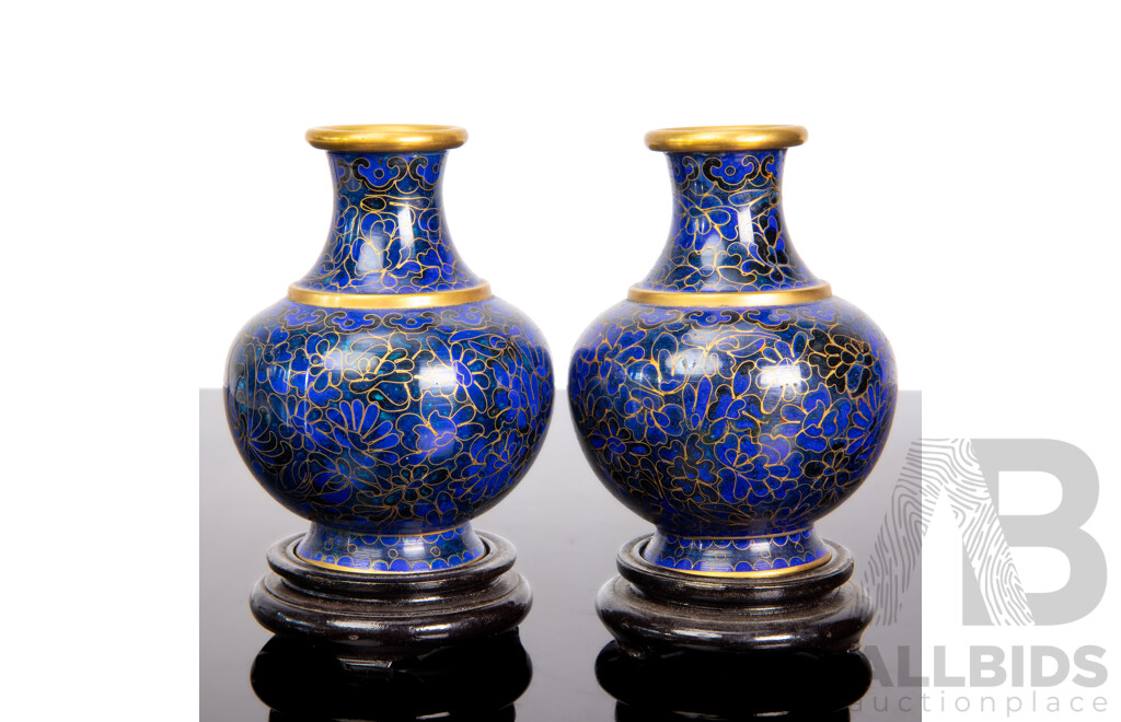Pair of Chinese Brass Cloisonne Vases on Stands