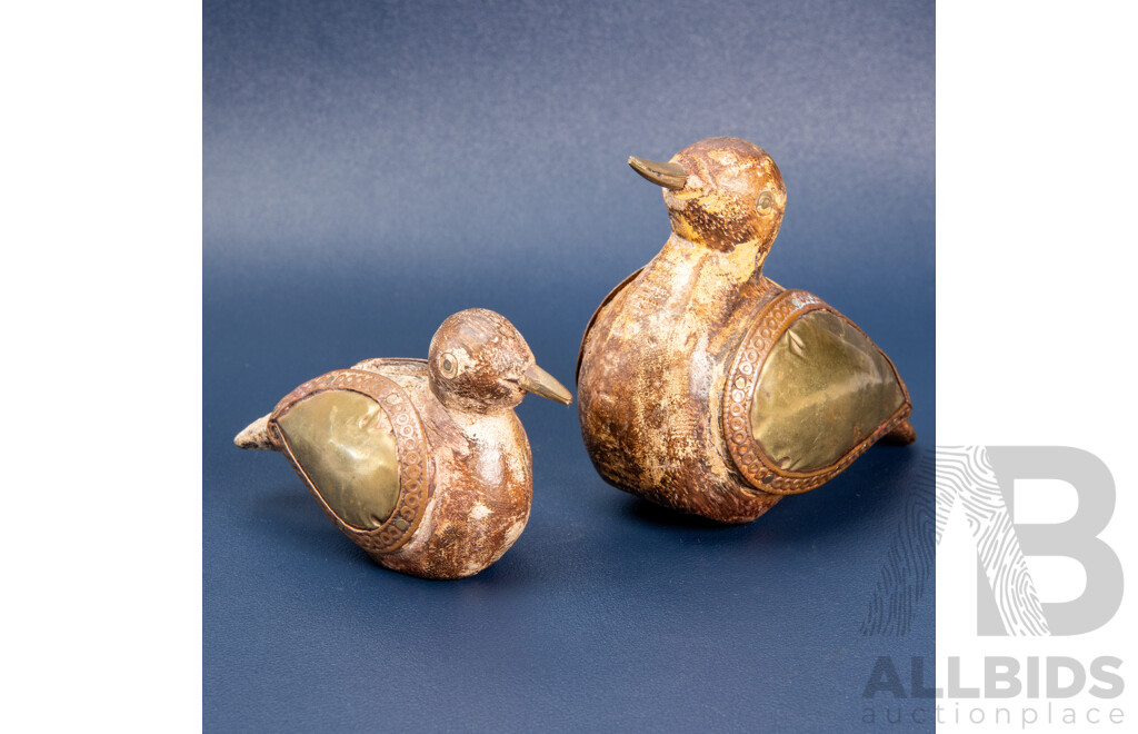 Pair of Vintage Carved Wooden Ducks with Brass Wings