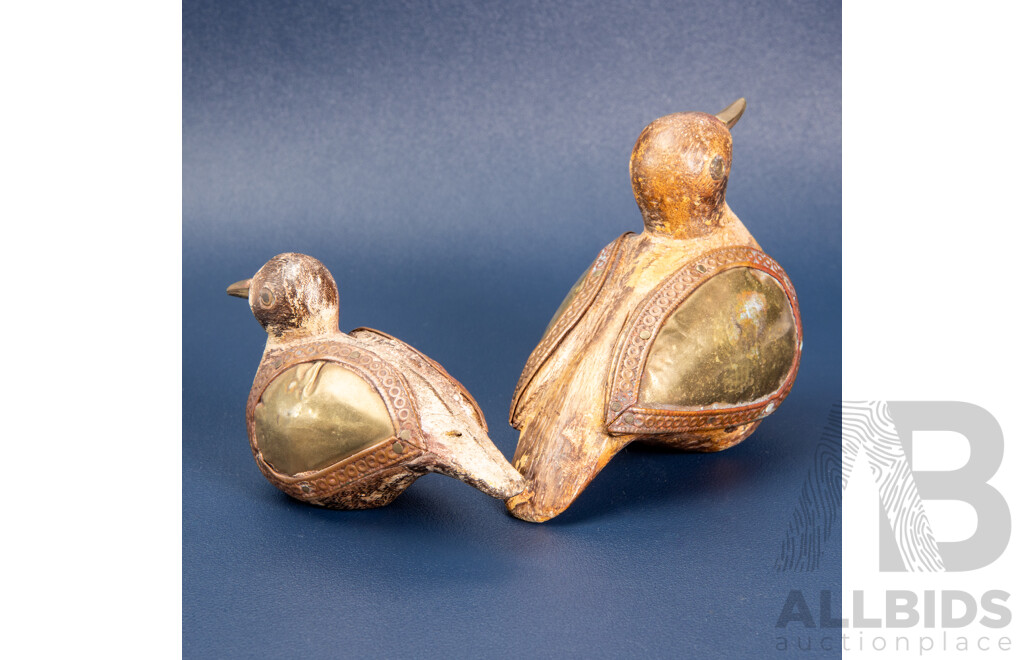 Pair of Vintage Carved Wooden Ducks with Brass Wings