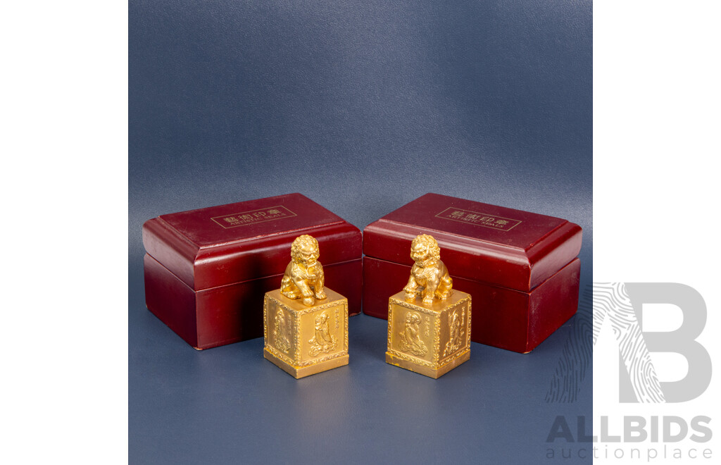 Two Chinese Gilt Metal and Soapstone Seals with Foo Dogs