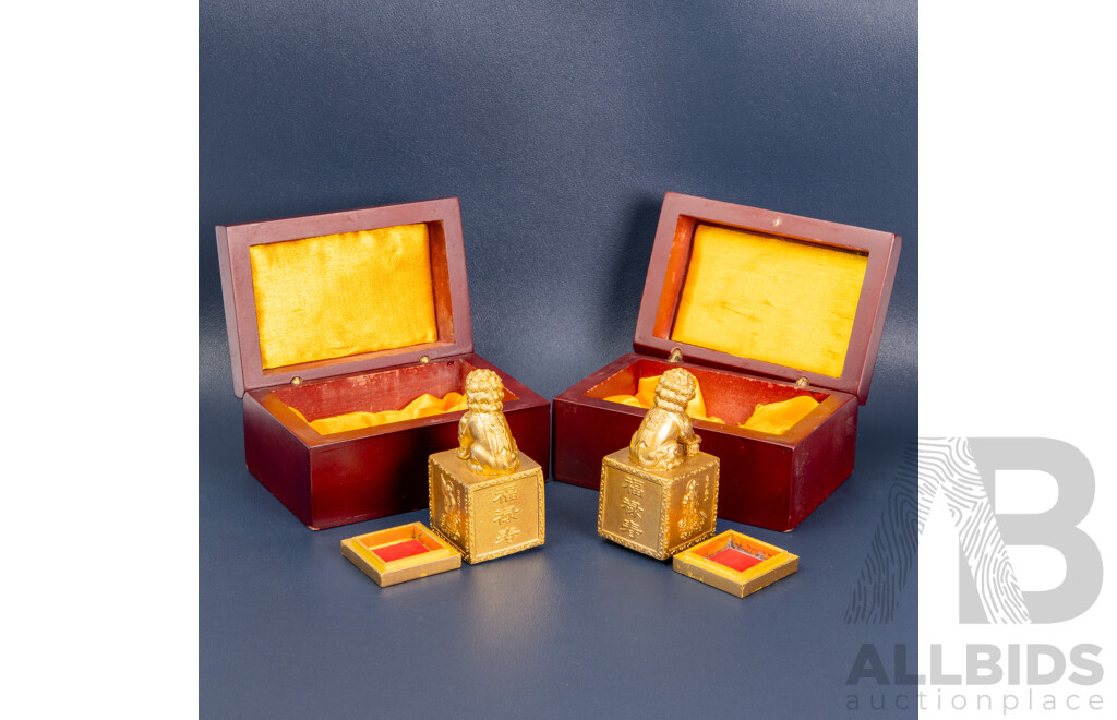 Two Chinese Gilt Metal and Soapstone Seals with Foo Dogs