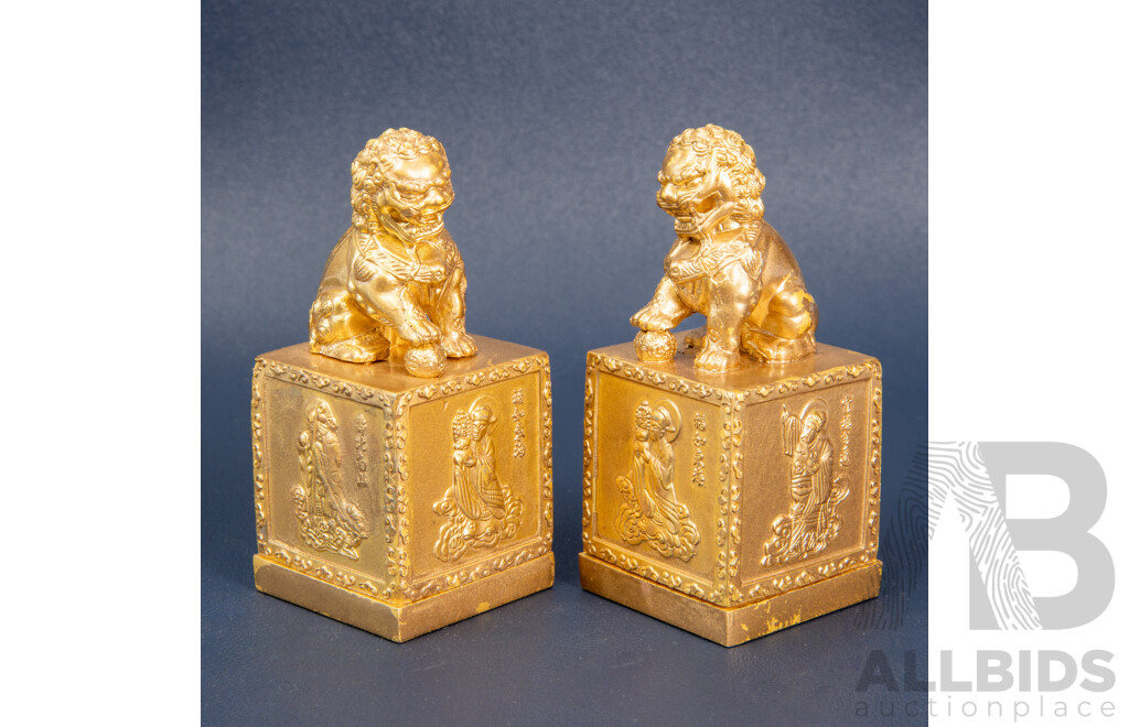 Two Chinese Gilt Metal and Soapstone Seals with Foo Dogs
