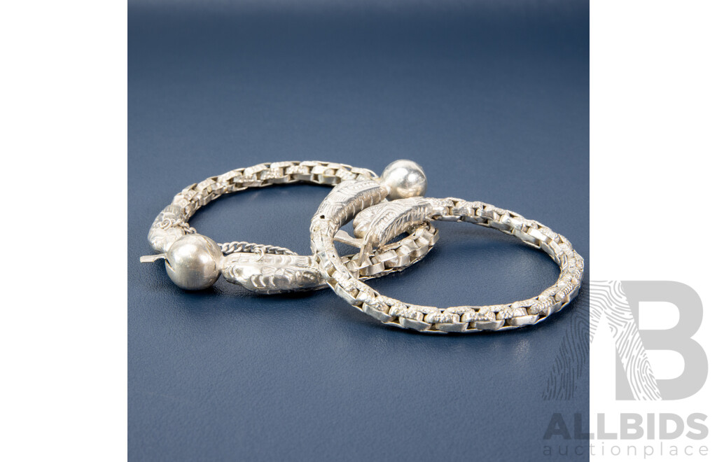 Pair of Antique Chinese/French Indochina Sterling Silver Double-Dragon Bracelets