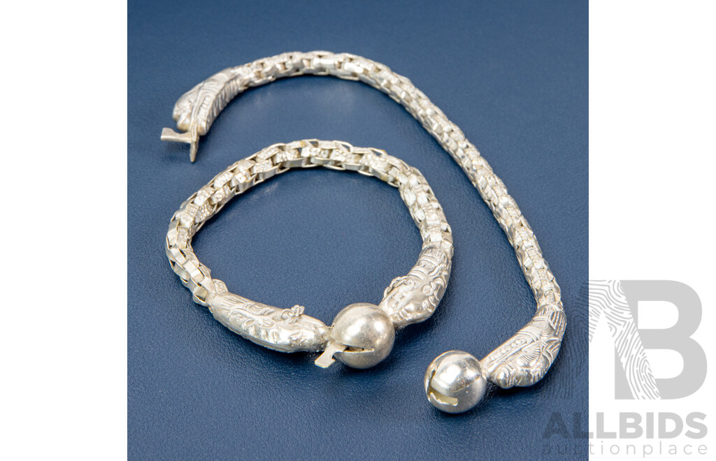 Pair of Antique Chinese/French Indochina Sterling Silver Double-Dragon Bracelets