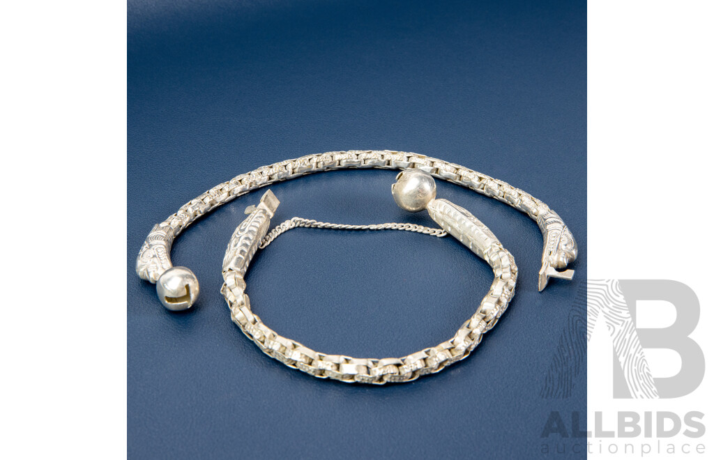 Pair of Antique Chinese/French Indochina Sterling Silver Double-Dragon Bracelets