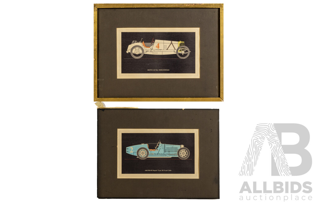 Super Rare Pair of Vintage Automobile Prints Bugatti and Mercedes