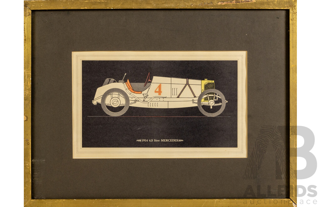 Super Rare Pair of Vintage Automobile Prints Bugatti and Mercedes