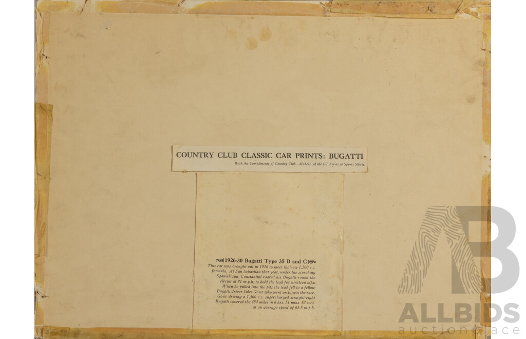 Super Rare Pair of Vintage Automobile Prints Bugatti and Mercedes