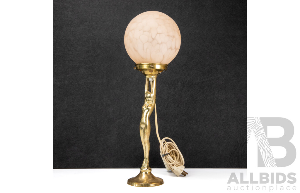 Brass Diana Electric Table Lamp with Pink Mottled Glass Shade