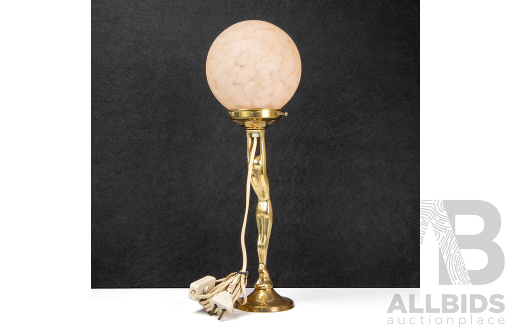 Brass Diana Electric Table Lamp with Pink Mottled Glass Shade