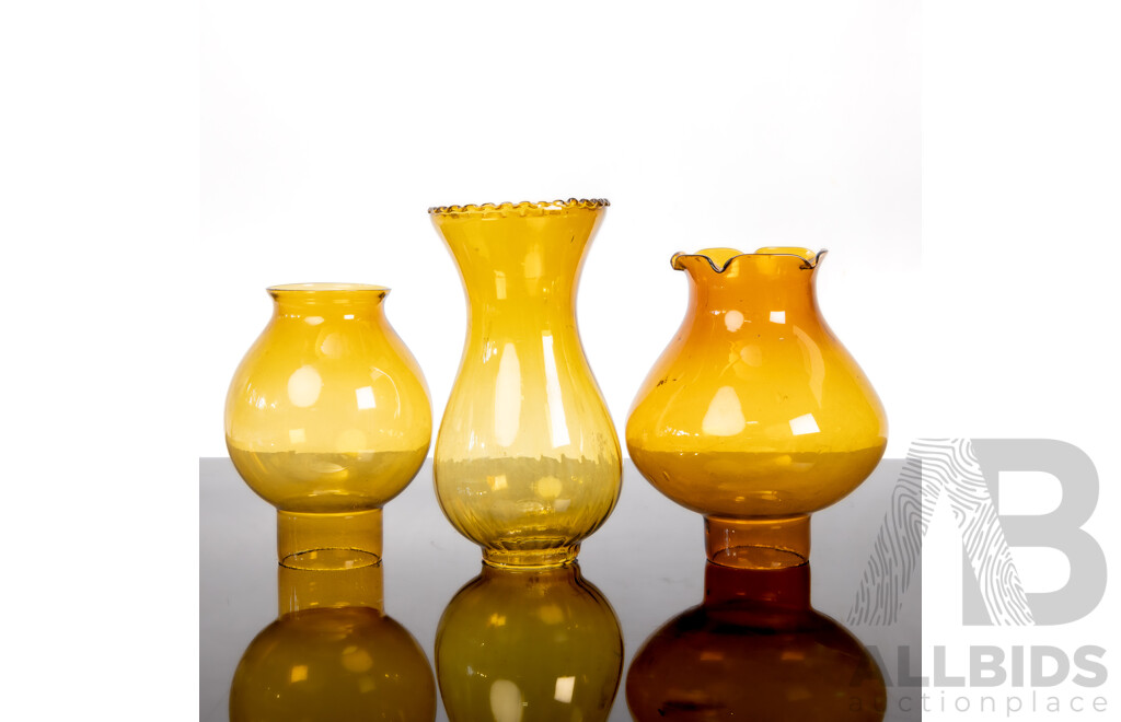 Set of Three Vintage Amber Hurricane Lamp Chimneys