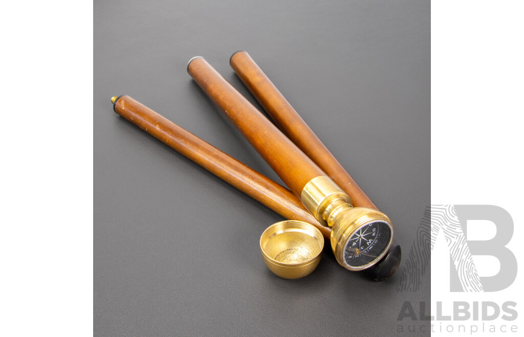 Vintage Walking Cane with Brass Knob and Compass