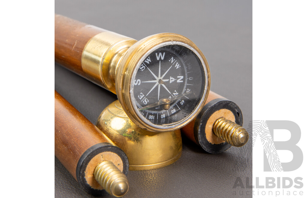 Vintage Walking Cane with Brass Knob and Compass