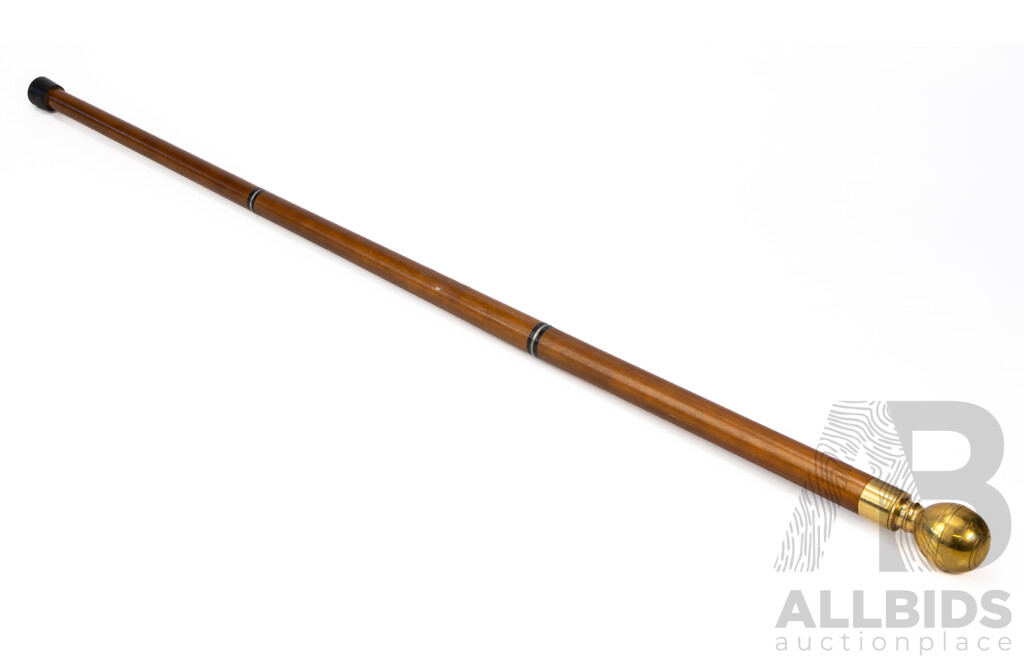 Vintage Walking Cane with Brass Knob and Compass